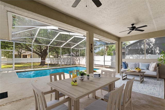 2803 Bent Leaf Dr, Valrico, FL 33594 - view of pool featuring ceiling fan, a patio area, a fenced backyard, and outdoor lounge area