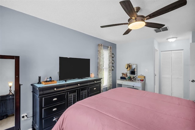 1657 Glengarry Dr, Palm Harbor, FL 34684 - bedroom with ceiling fan, a closet, a textured ceiling, and visible vents
