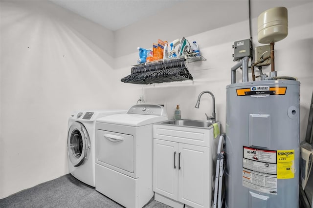 1657 Glengarry Dr, Palm Harbor, FL 34684 - laundry area with light colored carpet, cabinet space, a sink, water heater, and washer and dryer