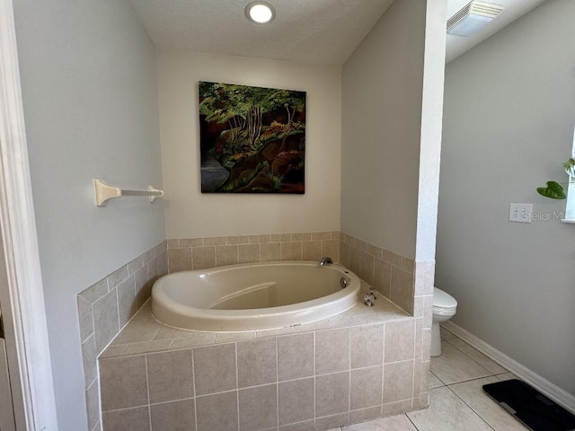 bathroom with tile patterned flooring, a textured ceiling, toilet, a bath, and visible vents