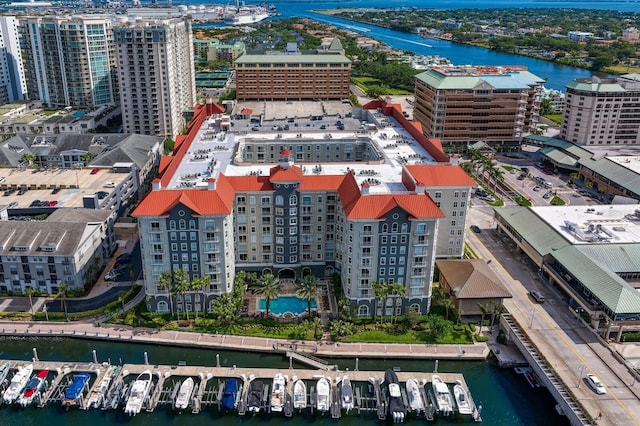 drone / aerial view with a water view
