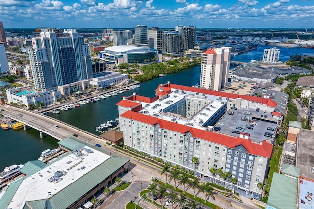 aerial view with a water view and a city view