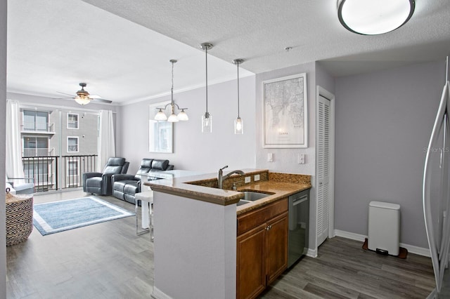 kitchen featuring baseboards, dark wood-style flooring, a sink, pendant lighting, and stainless steel dishwasher