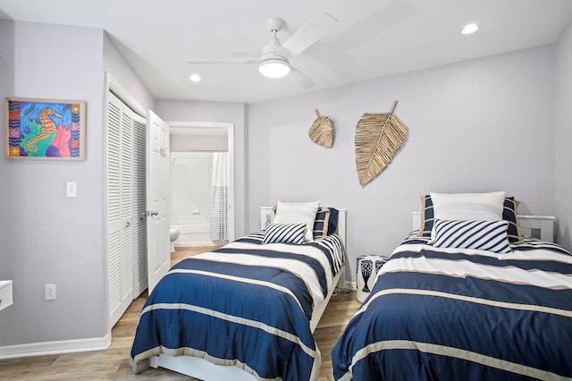 bedroom featuring a closet, baseboards, ceiling fan, light wood-type flooring, and recessed lighting