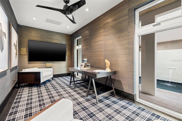 325 2nd St N, Saint Petersburg, FL 33701 - office area with baseboards, visible vents, recessed lighting, wood walls, and ceiling fan