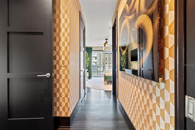 325 2nd St N, Saint Petersburg, FL 33701 - hallway with wallpapered walls, a wall of windows, and dark wood-type flooring