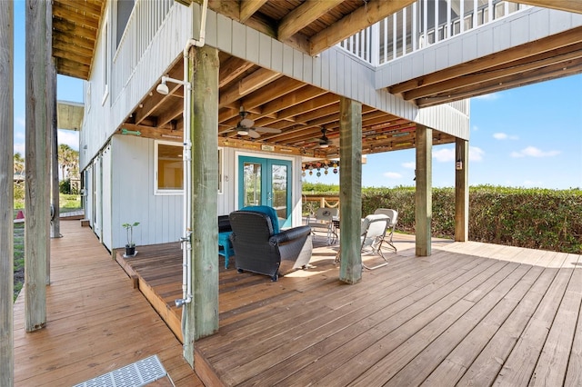 9048 Wharf Ave, Placida, FL 33946 - wooden deck featuring french doors and a ceiling fan