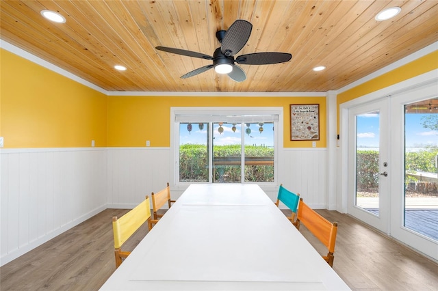 9048 Wharf Ave, Placida, FL 33946 - dining room featuring wooden ceiling, ceiling fan, recessed lighting, wainscoting, and wood finished floors