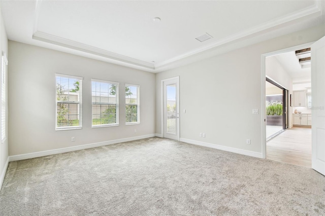 unfurnished room with a tray ceiling, baseboards, and light carpet