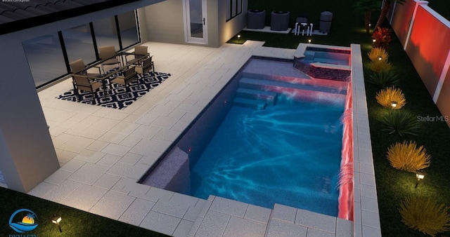 view of swimming pool featuring a patio area, a fenced backyard, a pool with connected hot tub, and outdoor dining space