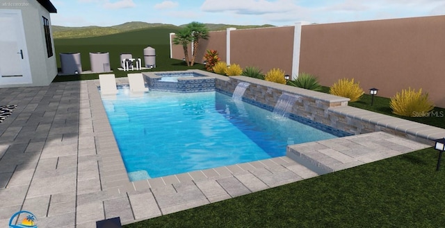 view of swimming pool featuring fence, a patio area, a pool with connected hot tub, and a mountain view