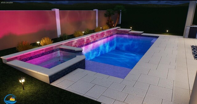 pool featuring fence, a patio area, and an in ground hot tub