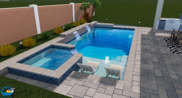 view of pool with fence, a patio area, and a pool with connected hot tub