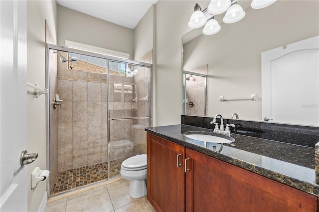 bathroom with tile patterned floors, a shower stall, toilet, and vanity