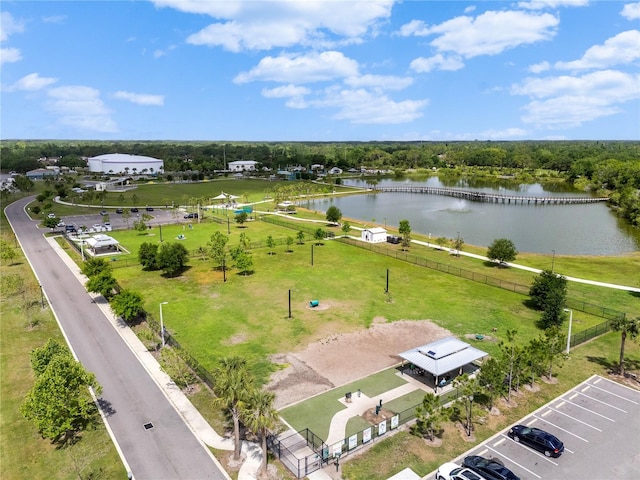 aerial view featuring a water view