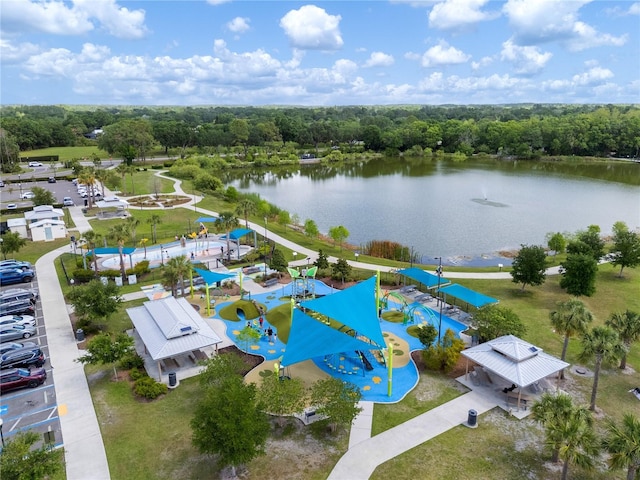 birds eye view of property featuring a water view