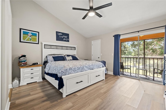14910 Par Club Cir, Tampa, FL 33618 - bedroom featuring access to outside, ceiling fan, vaulted ceiling, wood finished floors, and baseboards