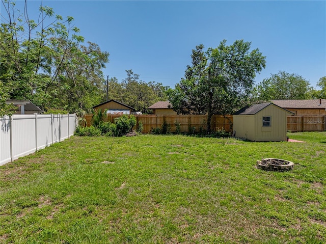 view of yard with an outbuilding, a fenced backyard, and a shed