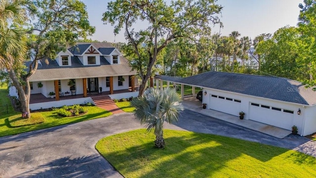 view of front of property with a porch, an attached garage, aphalt driveway, and a front lawn