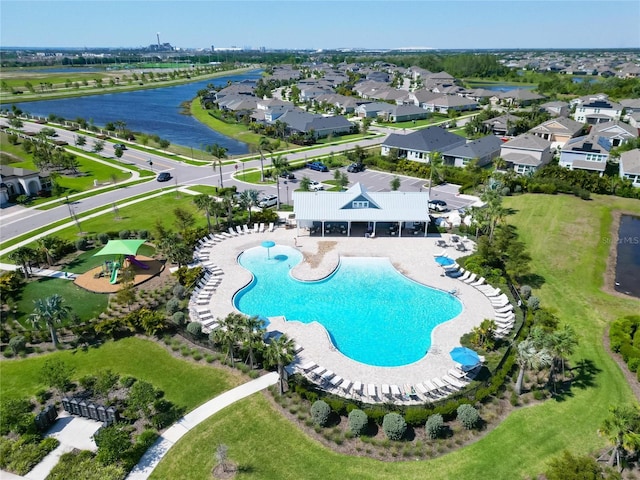 aerial view featuring a water view