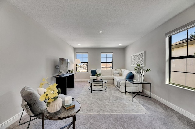 5601 Limelight Dr, Apollo Beach, FL 33572 - carpeted living area with baseboards and a textured ceiling