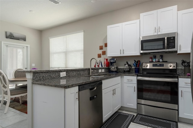 11704 Castine St, New Port Richey, FL 34654 - kitchen featuring a peninsula, white cabinetry, appliances with stainless steel finishes, and a sink