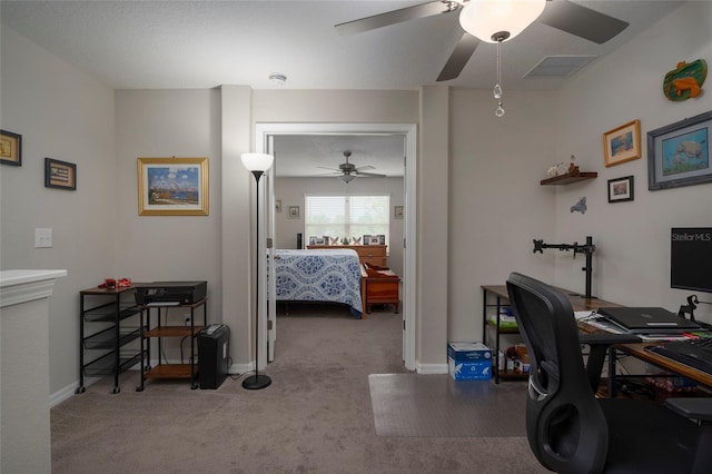 11704 Castine St, New Port Richey, FL 34654 - home office with baseboards, visible vents, ceiling fan, and carpet floors