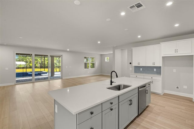 kitchen featuring a sink, a kitchen island with sink, light wood-style floors, and visible vents