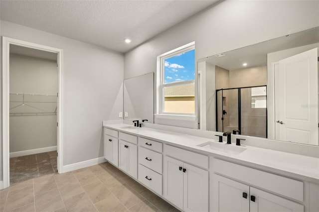 bathroom with double vanity, a sink, a walk in closet, and a shower stall