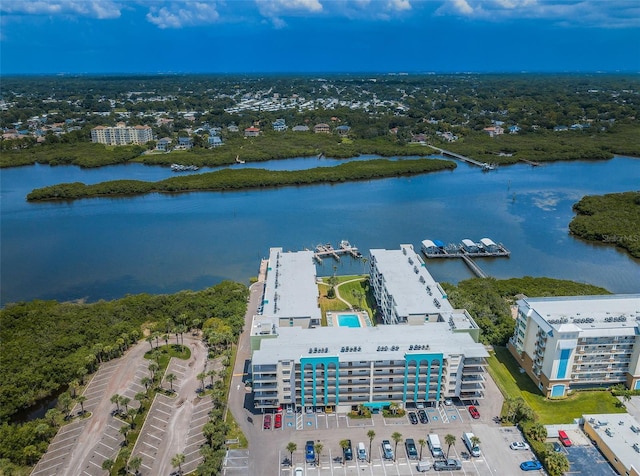 drone / aerial view with a water view