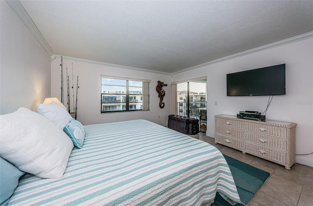 bedroom with tile patterned floors, access to outside, a textured ceiling, and ornamental molding