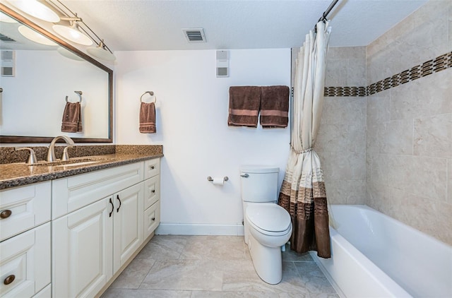 full bathroom with vanity, shower / bath combination with curtain, a textured ceiling, toilet, and visible vents