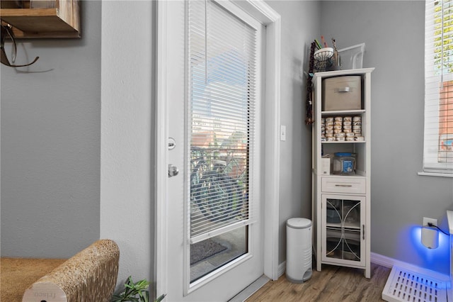doorway featuring wood finished floors, a wealth of natural light, and baseboards