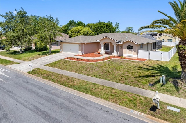 ranch-style home with concrete driveway, stucco siding, a gate, an attached garage, and fence
