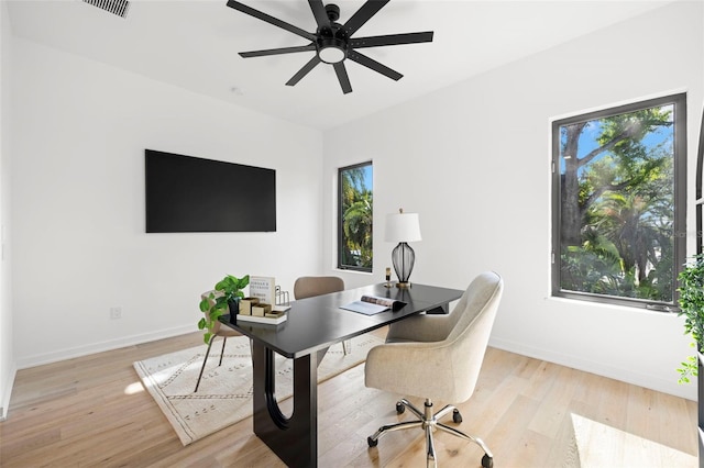 98 W Davis Blvd, Tampa, FL 33606 - home office featuring light wood-style floors, baseboards, visible vents, and ceiling fan