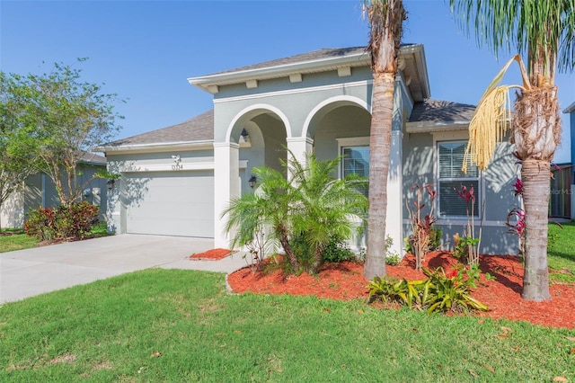 mediterranean / spanish house with an attached garage, roof with shingles, concrete driveway, and stucco siding