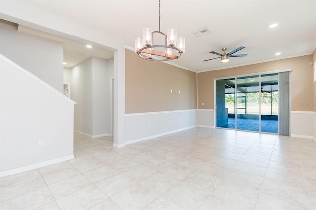 spare room featuring crown molding, visible vents, recessed lighting, and ceiling fan with notable chandelier