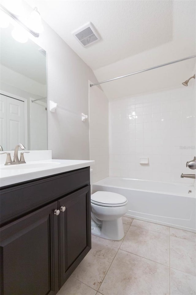 bathroom with toilet, shower / bathtub combination, vanity, and visible vents