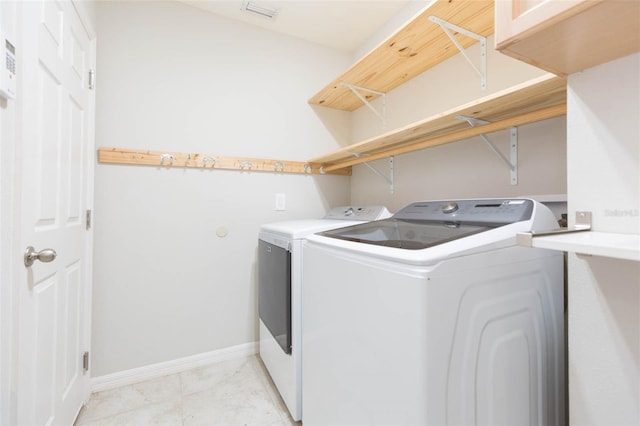 laundry room with visible vents, washer and clothes dryer, laundry area, and baseboards