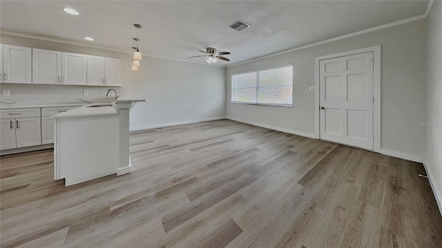 1835 Nevada Ave NE, Saint Petersburg, FL 33703 - kitchen with crown molding, light wood-style flooring, a peninsula, a ceiling fan, and light countertops