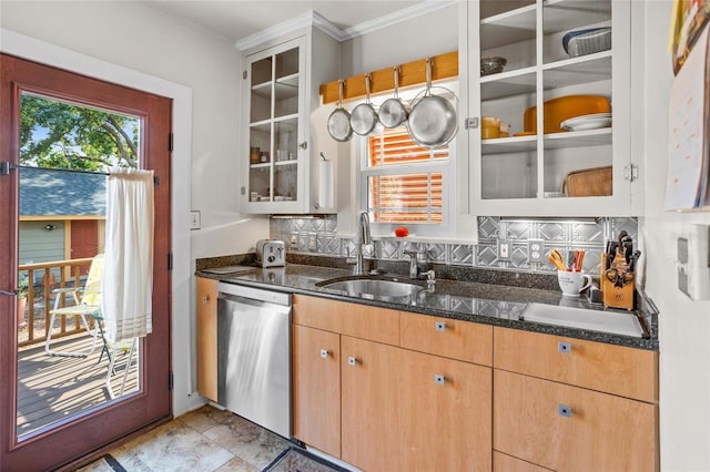 3120 8th Ave N, Saint Petersburg, FL 33713 - kitchen featuring stainless steel dishwasher, a sink, dark stone countertops, ornamental molding, and glass insert cabinets