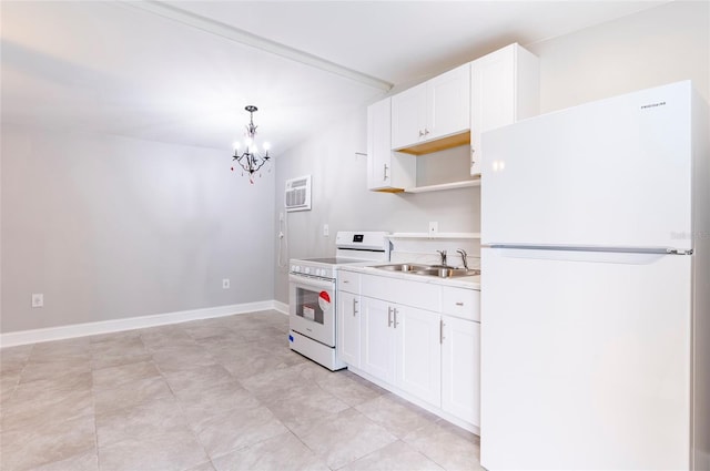 2017 Oceanview Pl, Tampa, FL 33605 - kitchen with white appliances, light countertops, white cabinets, a sink, and a notable chandelier