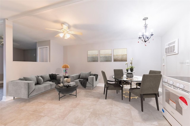 2017 Oceanview Pl, Tampa, FL 33605 - interior space featuring light tile patterned flooring, a wall mounted AC, and ceiling fan with notable chandelier