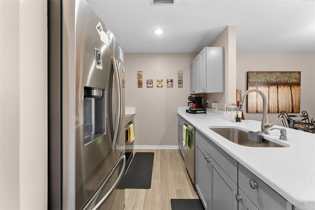 kitchen featuring stainless steel appliances, a sink, light wood finished floors, light countertops, and gray cabinetry