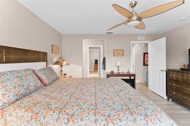bedroom featuring light wood finished floors and ceiling fan