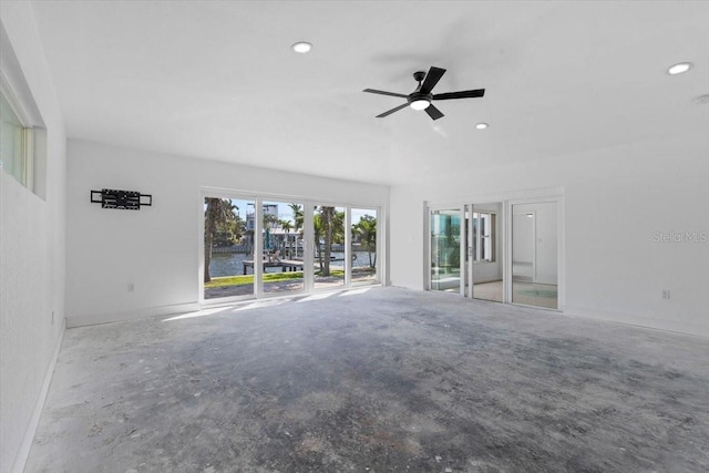 2540 S Shore Dr SE, Saint Petersburg, FL 33705 - empty room with a water view, a ceiling fan, baseboards, recessed lighting, and unfinished concrete flooring