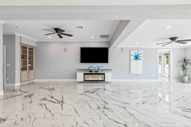 unfurnished living room featuring crown molding, a ceiling fan, and visible vents