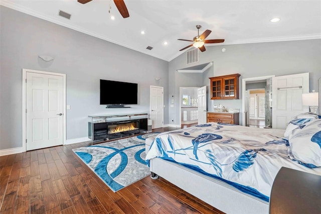 bedroom with recessed lighting, baseboards, visible vents, and ornamental molding