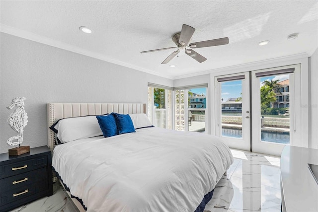 bedroom featuring french doors, a textured ceiling, access to exterior, crown molding, and marble finish floor