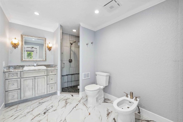 bathroom with crown molding, baseboards, a shower stall, and visible vents